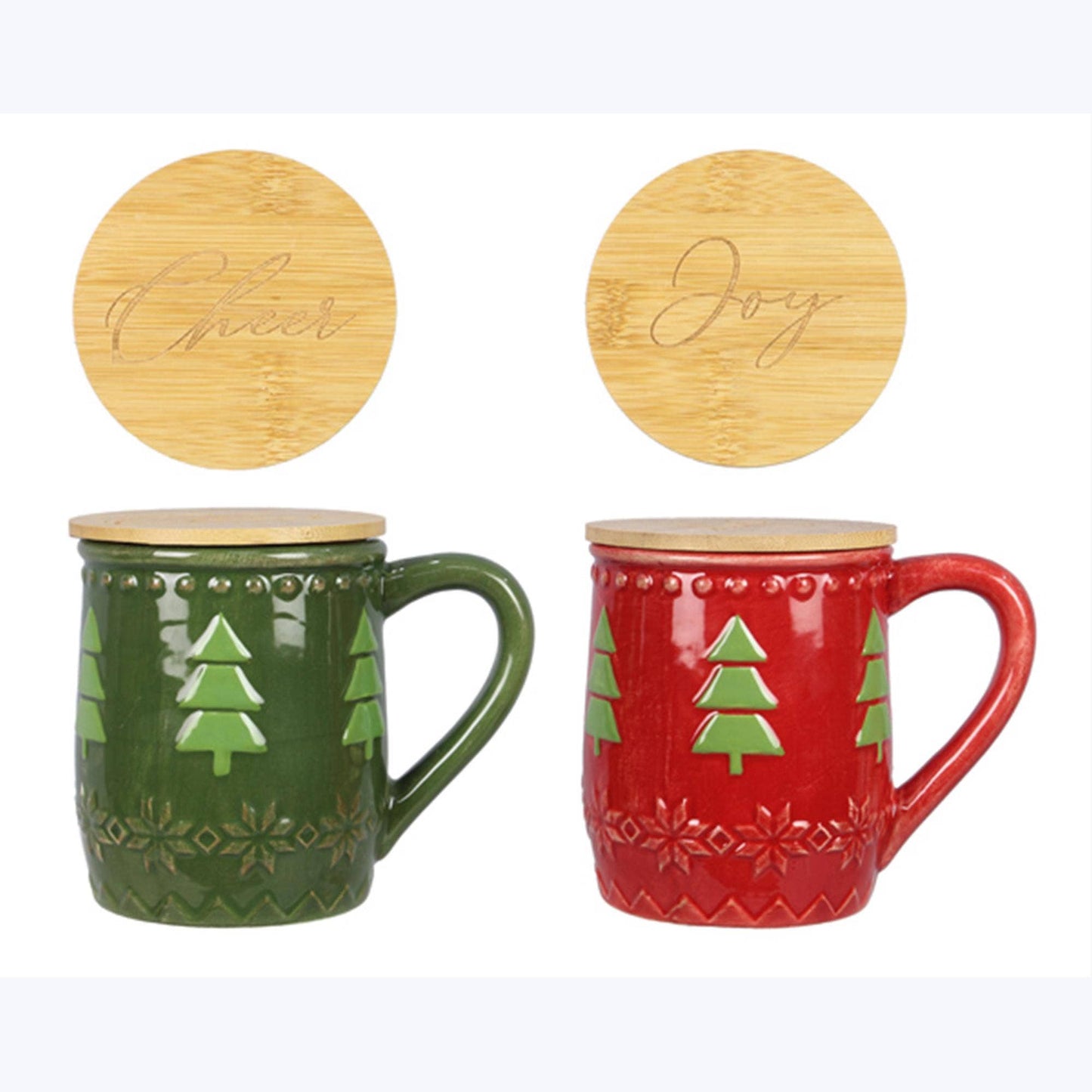 Green Ceramic Woodland Lodge Mug with Wood Lid/Coaster Set