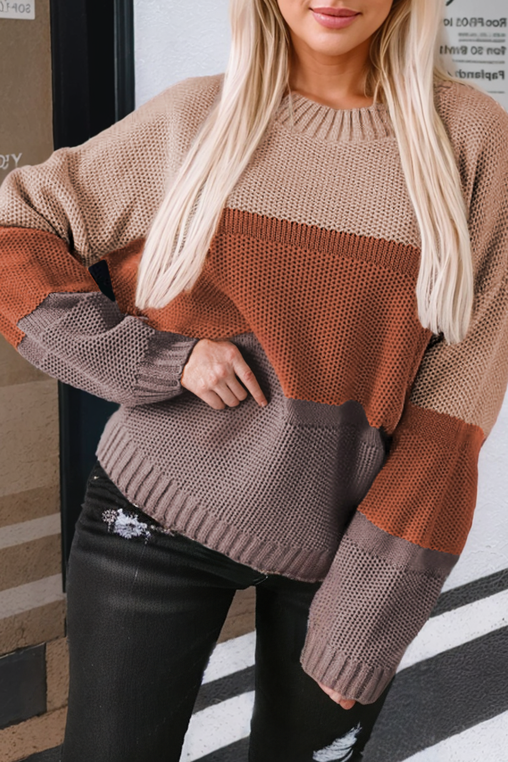 Color Block Drop Shoulder Round Neck Knit Sweater