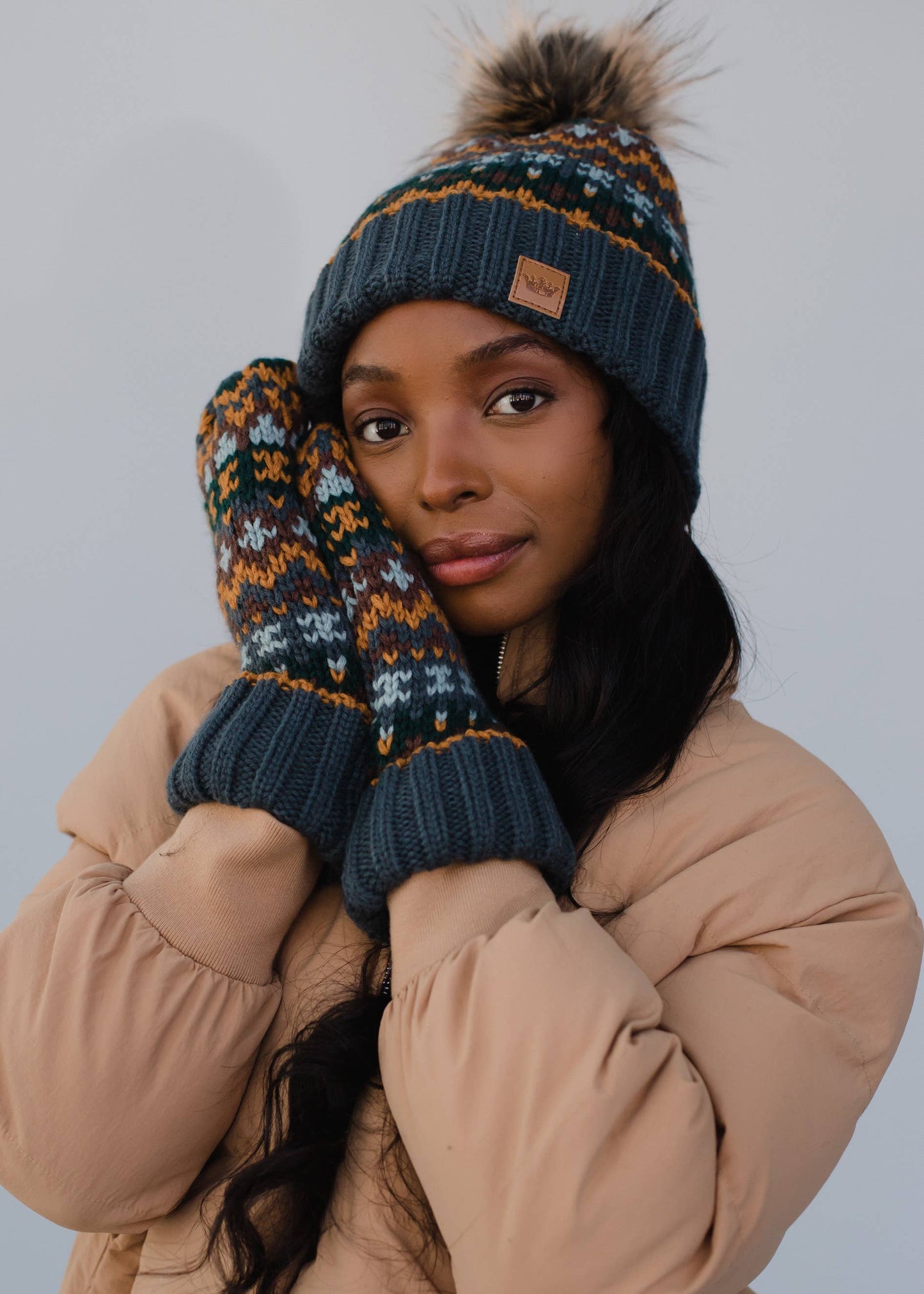 Dusty Blue & Multicolored Patterned Pom Hat