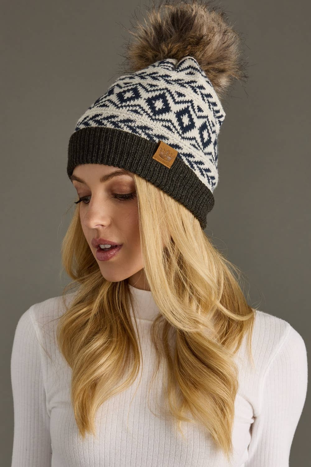 Pom Hat - Ivory, Navy & Dk. Gray