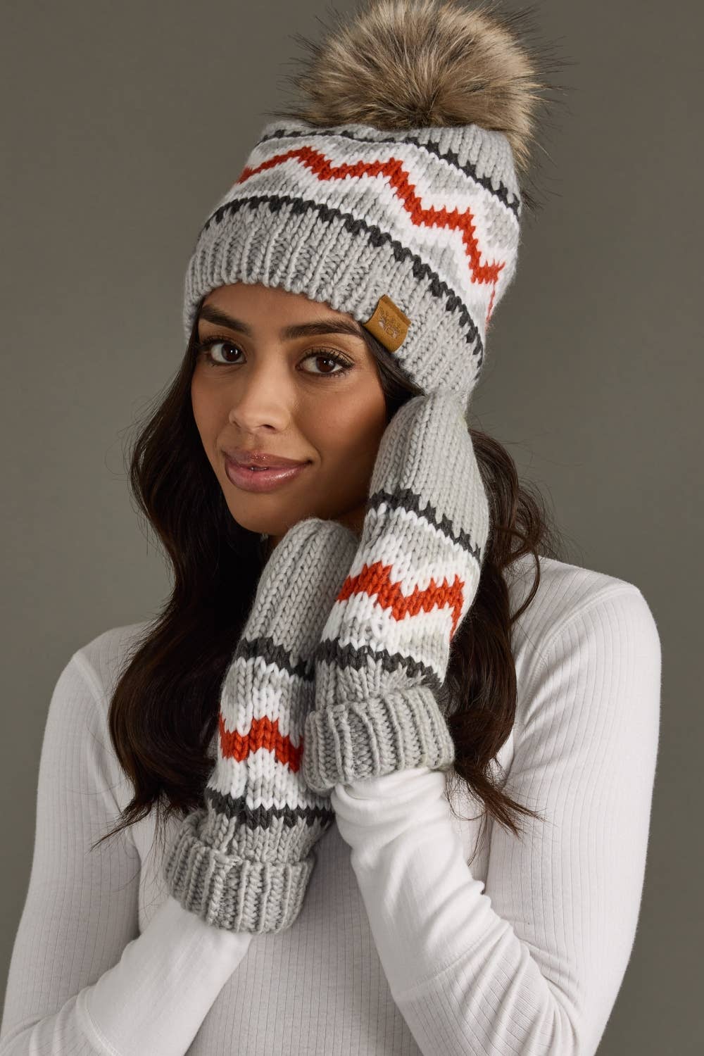 Pom Hat - Gray, Red & White