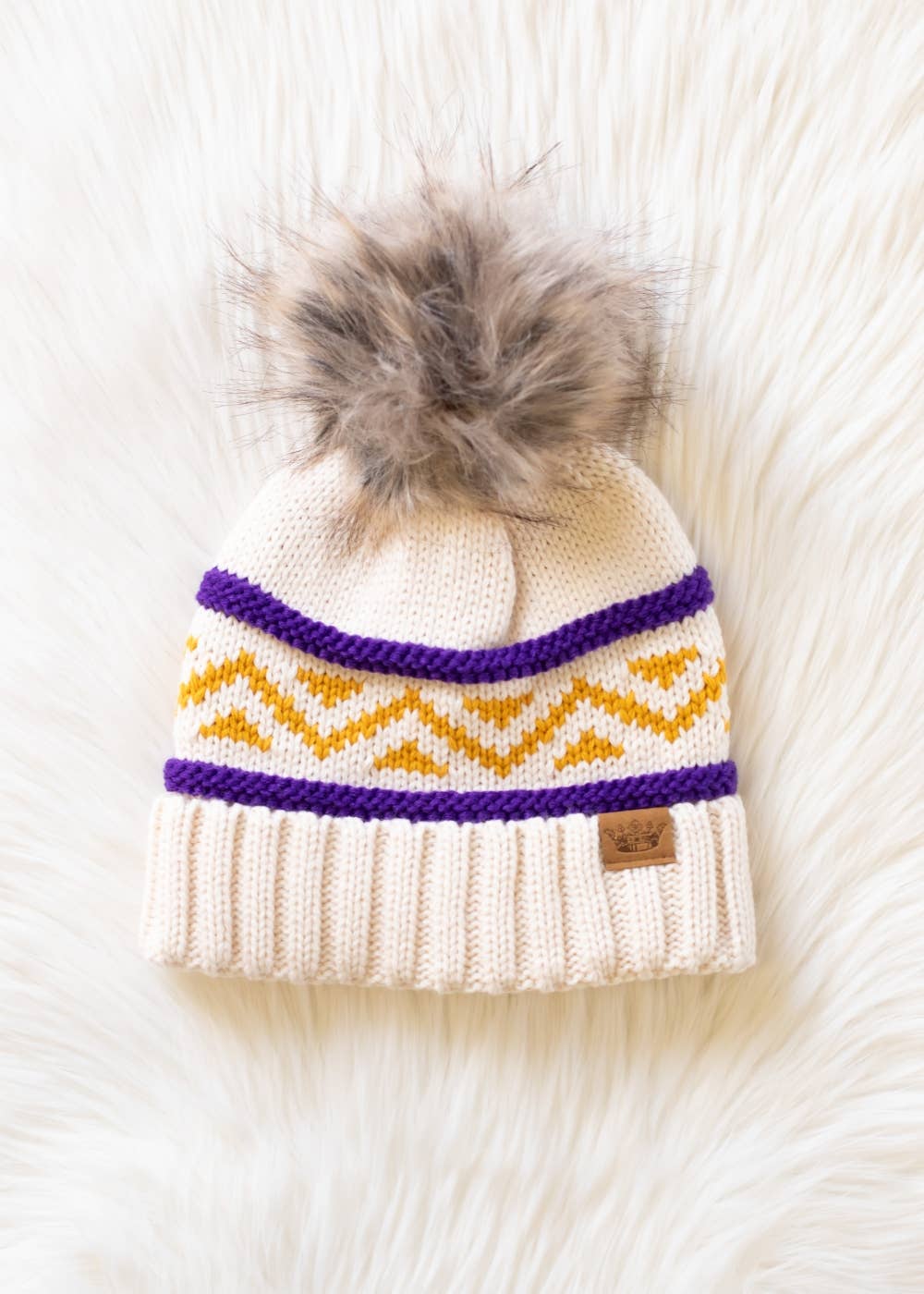 Pom Hat - Cream, Purple & Gold