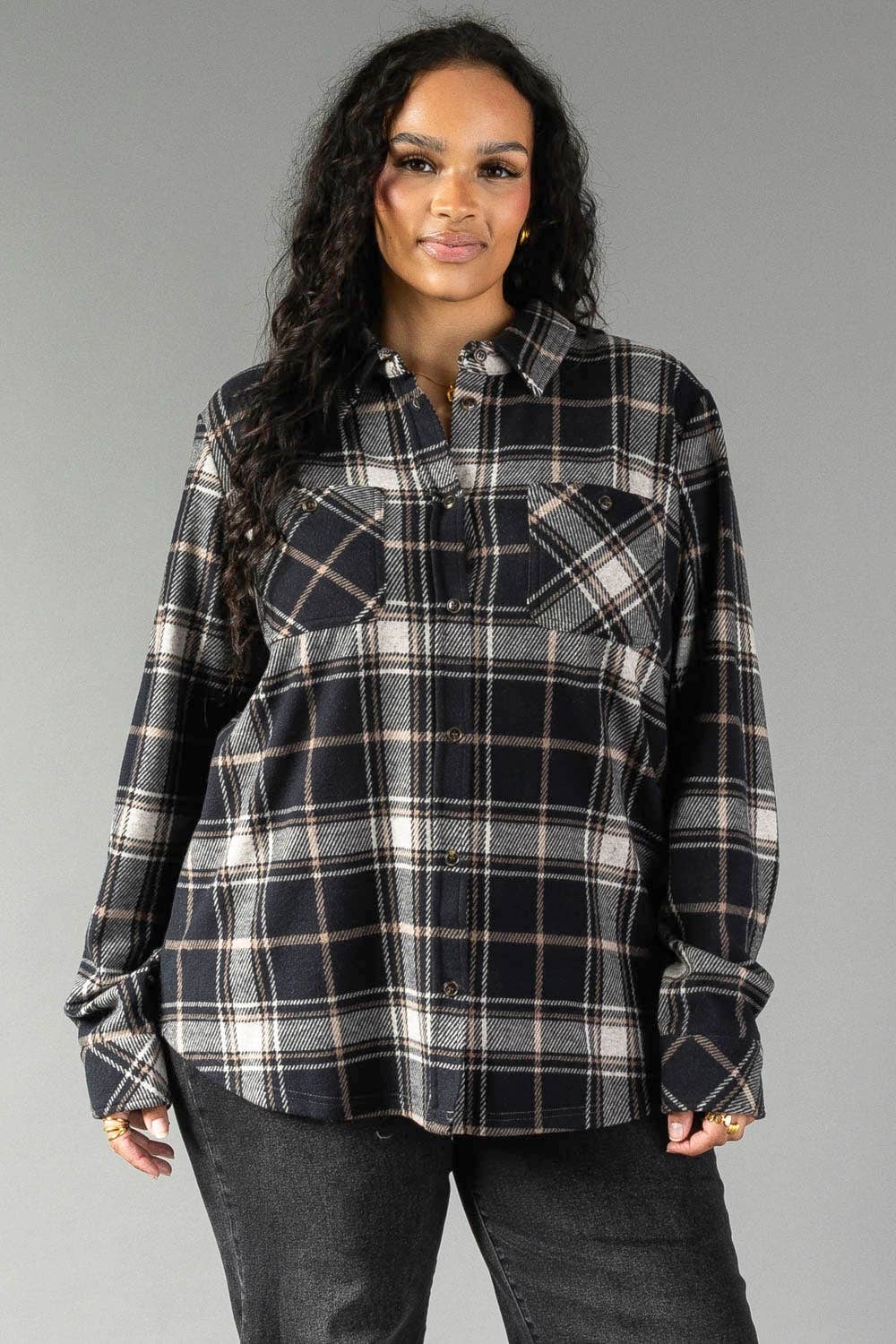 XXL Black, White & Tan Plaid Button Up
