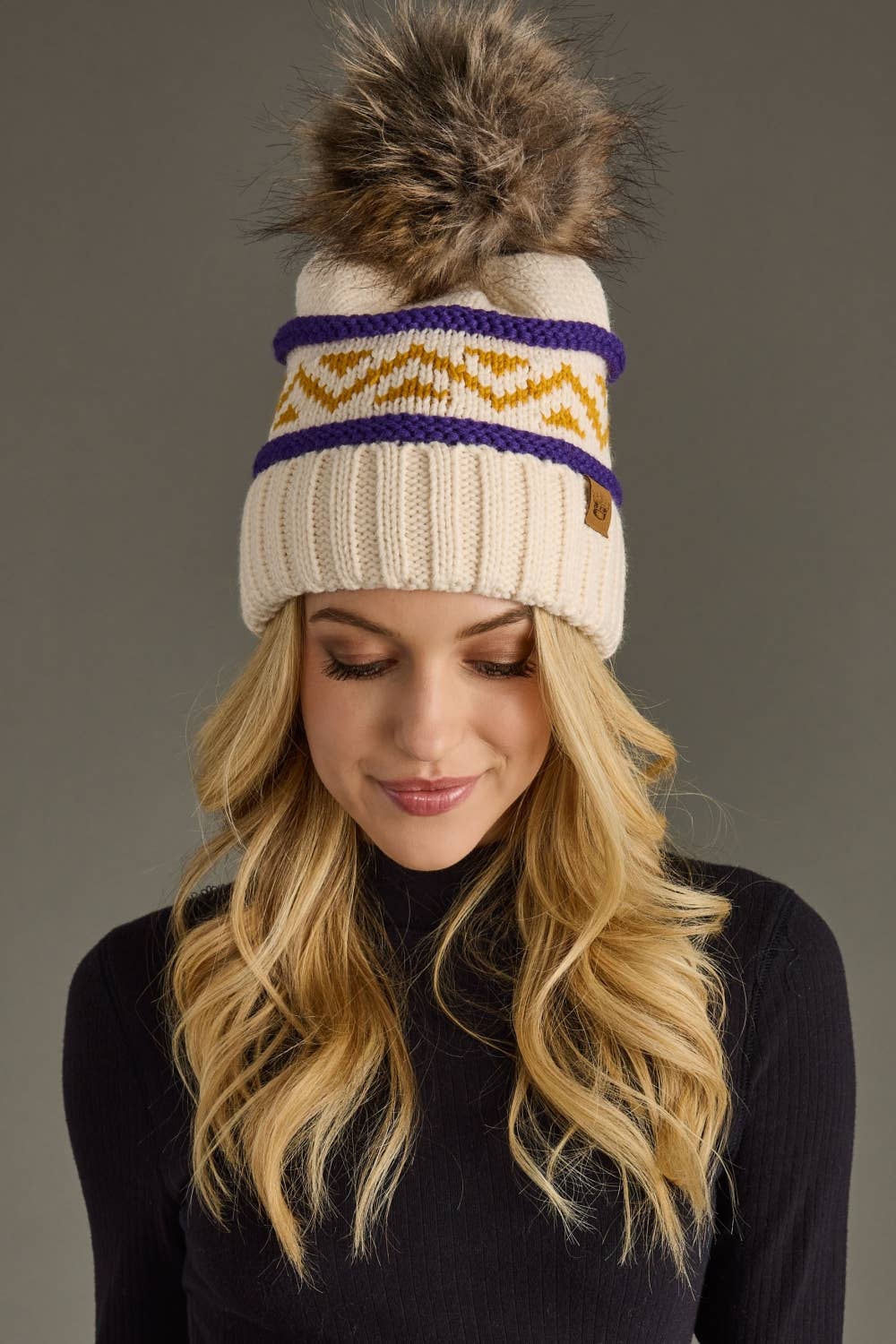 Pom Hat - Cream, Purple & Gold