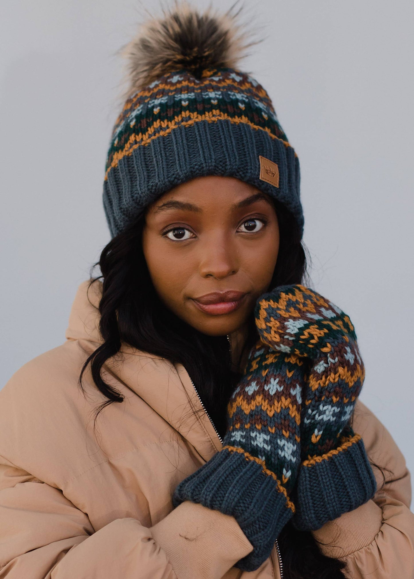 Dusty Blue & Multicolored Patterned Pom Hat