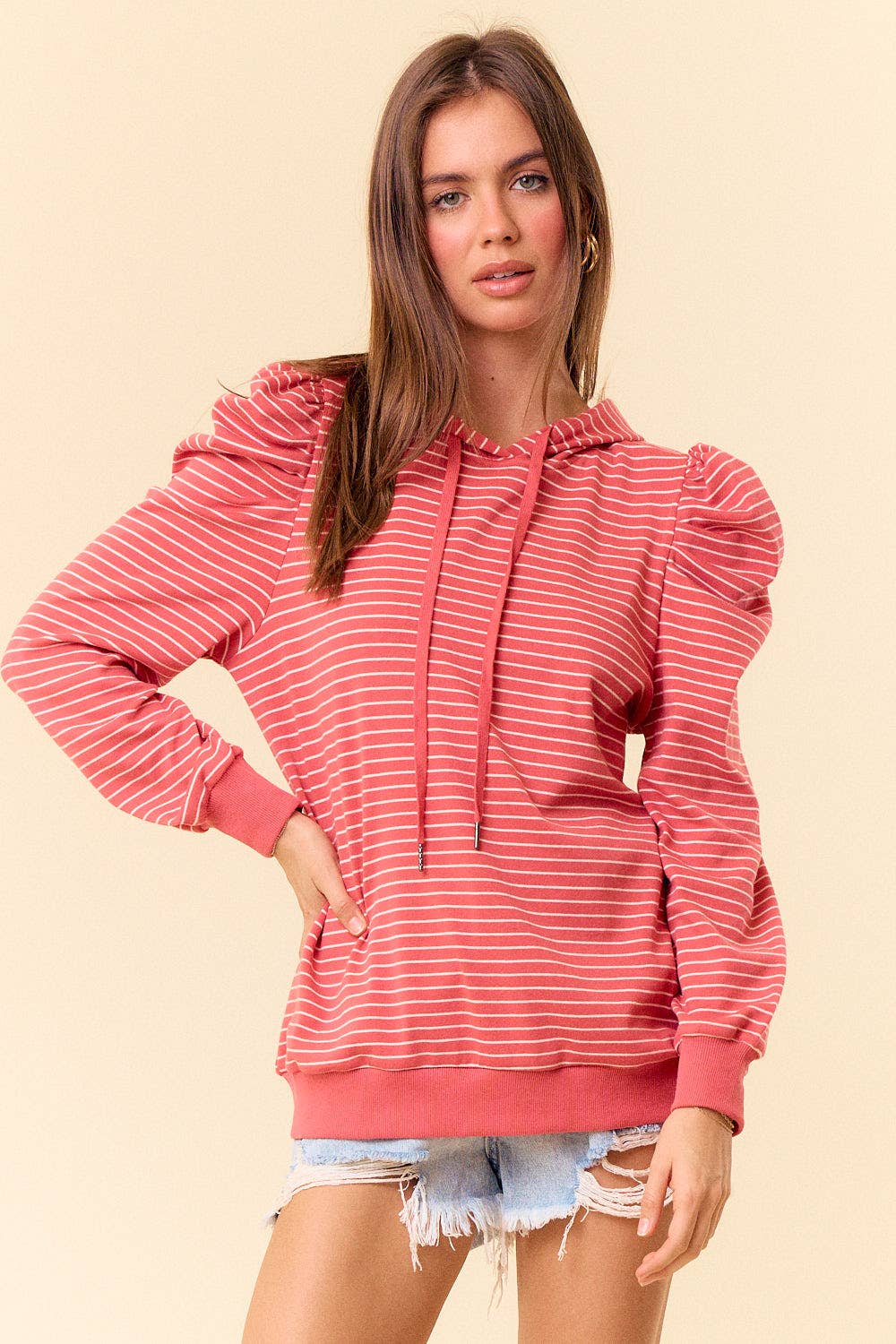 PUFF SLEEVE STRIPE HOODIE (S, M, L)