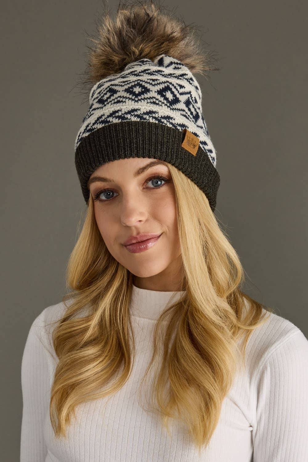 Pom Hat - Ivory, Navy & Dk. Gray