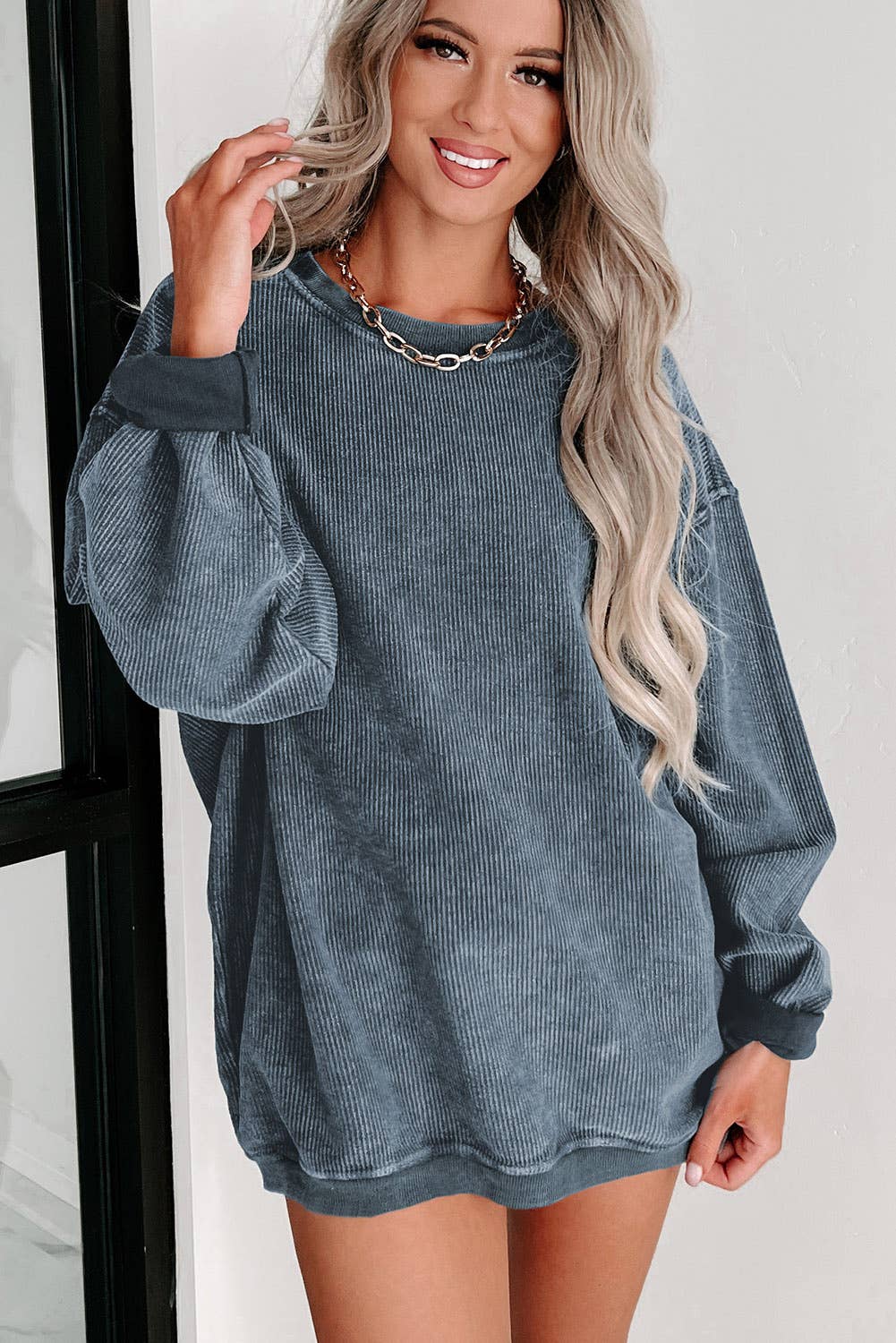 Solid Ribbed Knit Pullover Sweatshirt