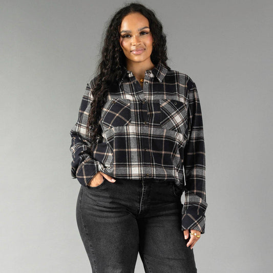 XXL Black, White & Tan Plaid Button Up
