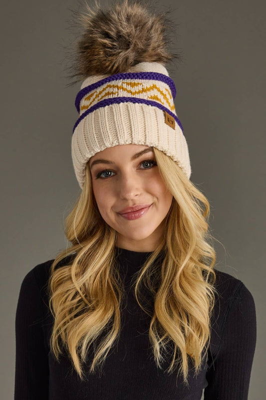Pom Hat - Cream, Purple & Gold