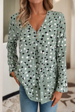 Dotted Print Button Front V Neck Blouse