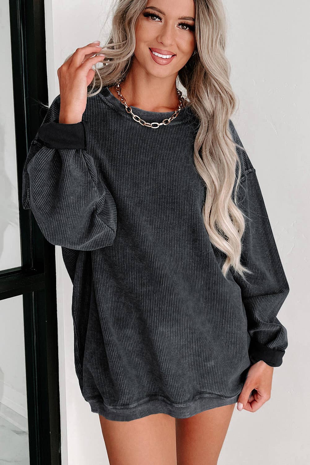 Solid Ribbed Knit Pullover Sweatshirt