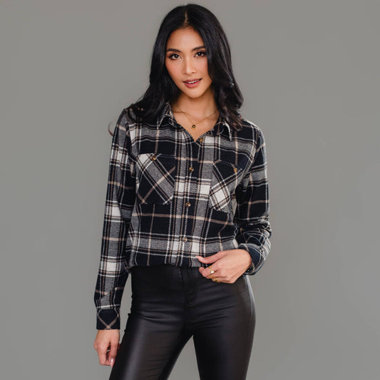 Black, White & Tan Plaid Button Up