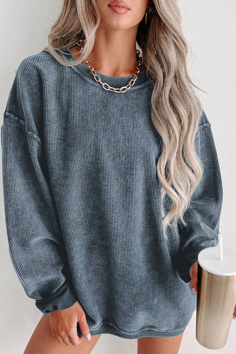 Solid Ribbed Knit Pullover Sweatshirt