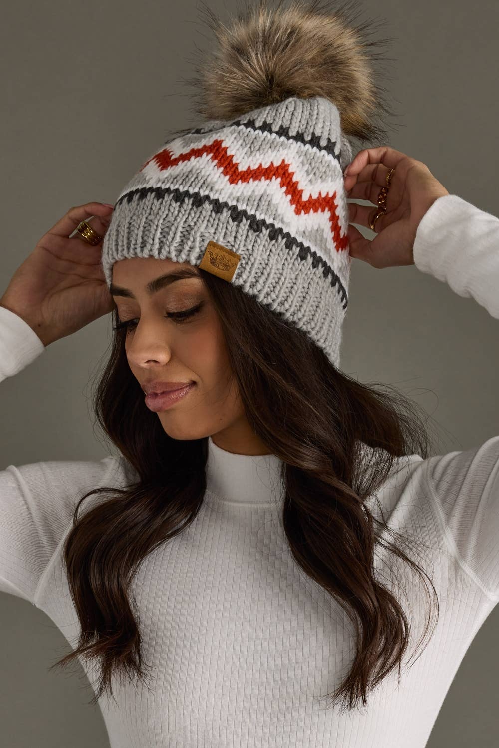 Pom Hat - Gray, Red & White