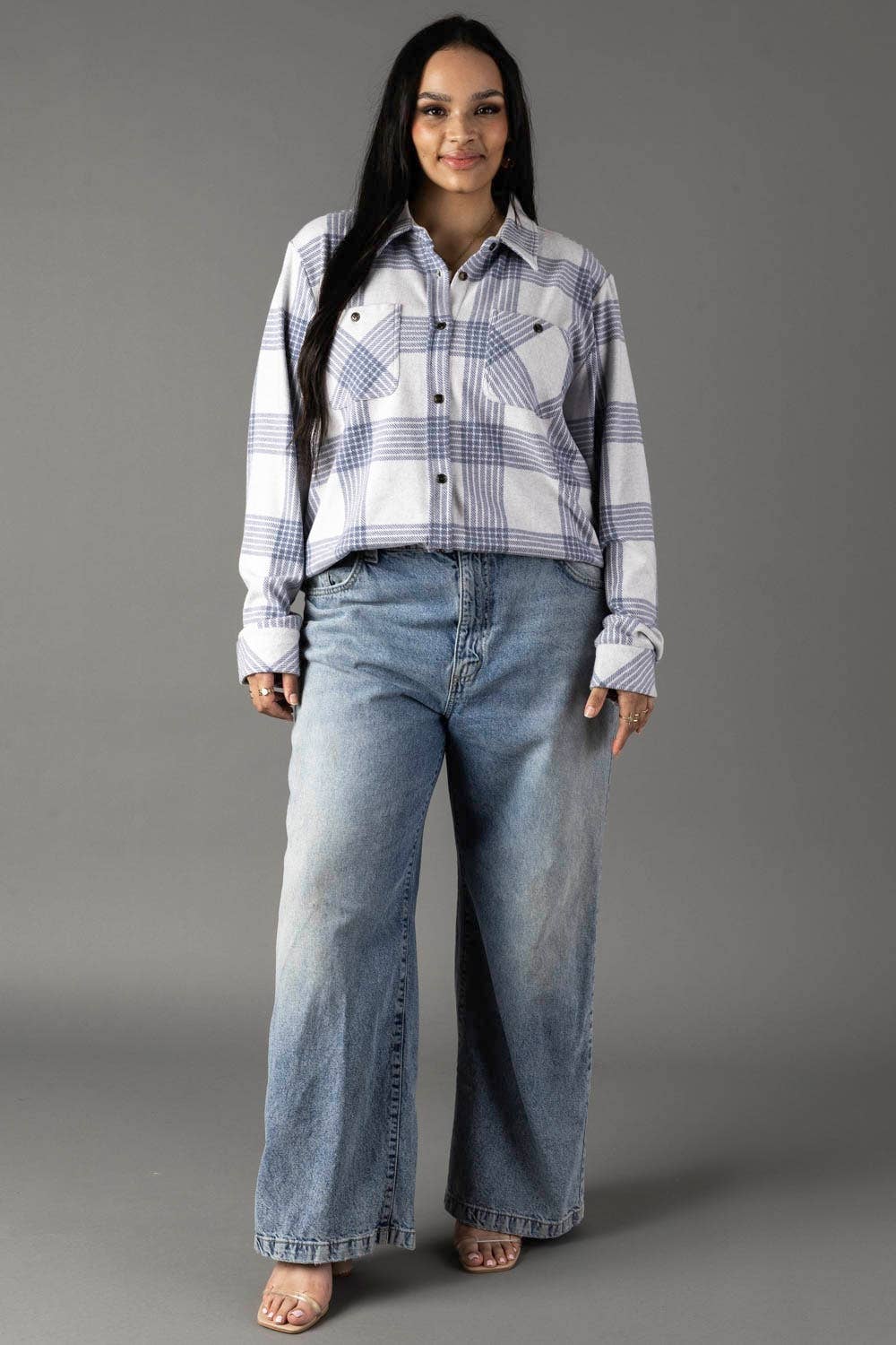 XXL White & Dusty Blue Plaid Button Up