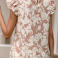 Khaki Floral Print Ruffle Short Sleeve Blouse