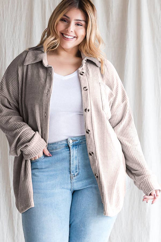 Waffle Knit Button Shirt - Plus Top (3X)