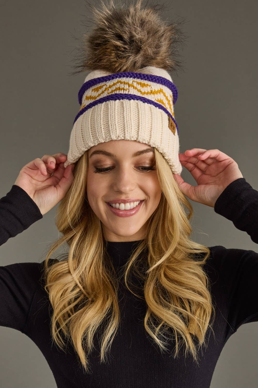 Pom Hat - Cream, Purple & Gold
