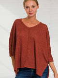 3/4 SLEEVE V-NECK HI-LOW JACQUARD SWEATER