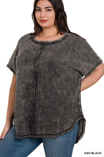 WASHED BABY WAFFLE SHORT SLEEVE TOP - PLUS SIZE