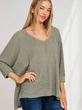 3/4 SLEEVE V-NECK HI-LOW JACQUARD SWEATER