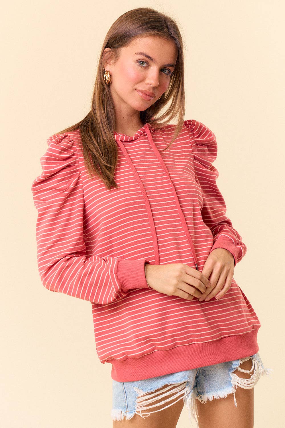 PUFF SLEEVE STRIPE HOODIE (S, M, L)
