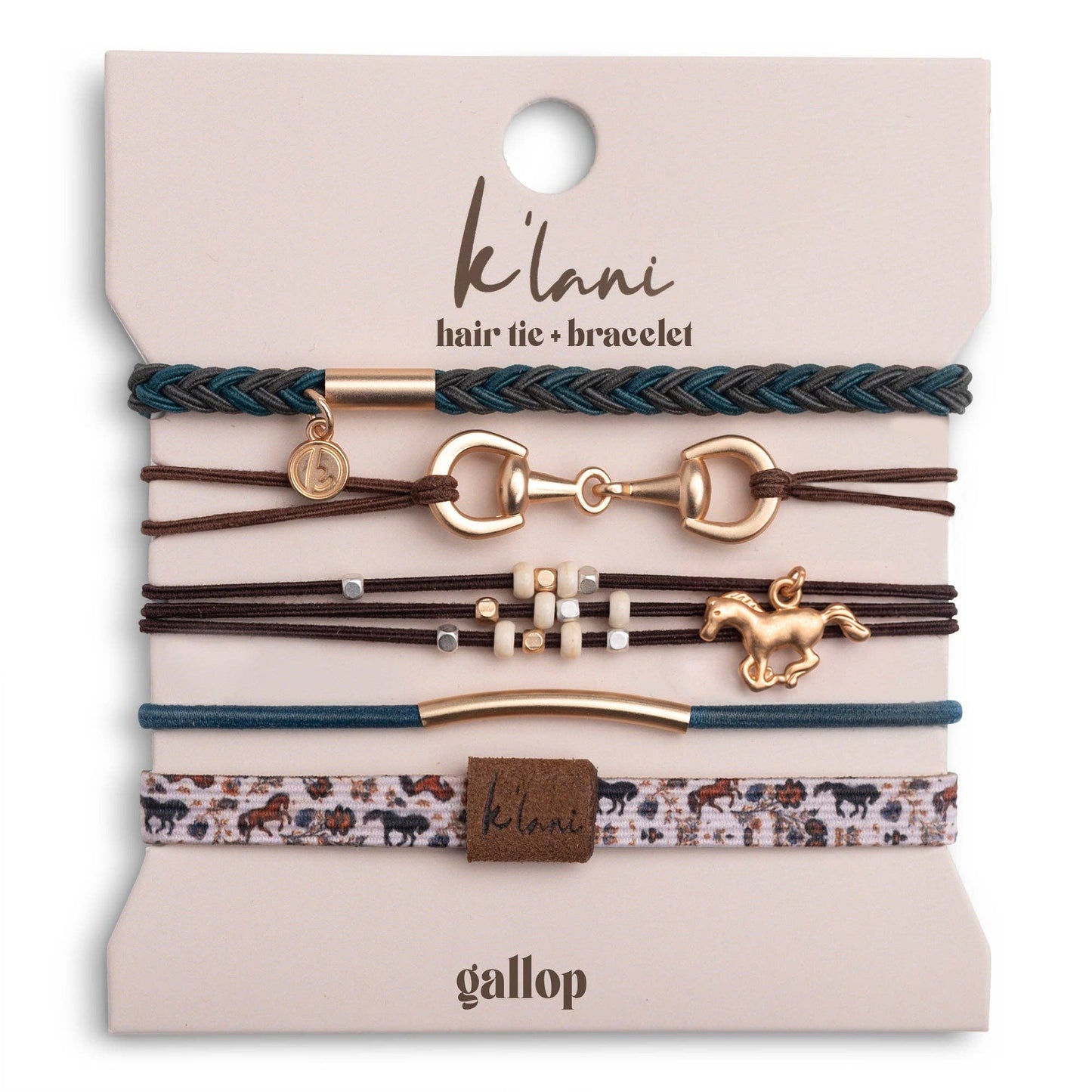 "Gallop" Horse & Bridle Equestrian Accents in Rich Brown & Blue Hair Tie Bracelets