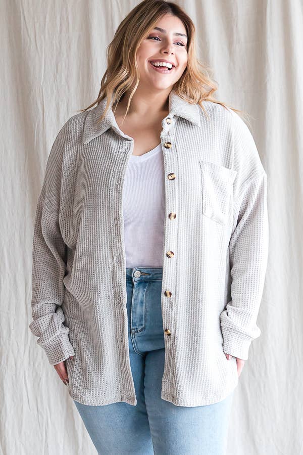 Waffle Knit Button Shirt - Plus Top (3X)