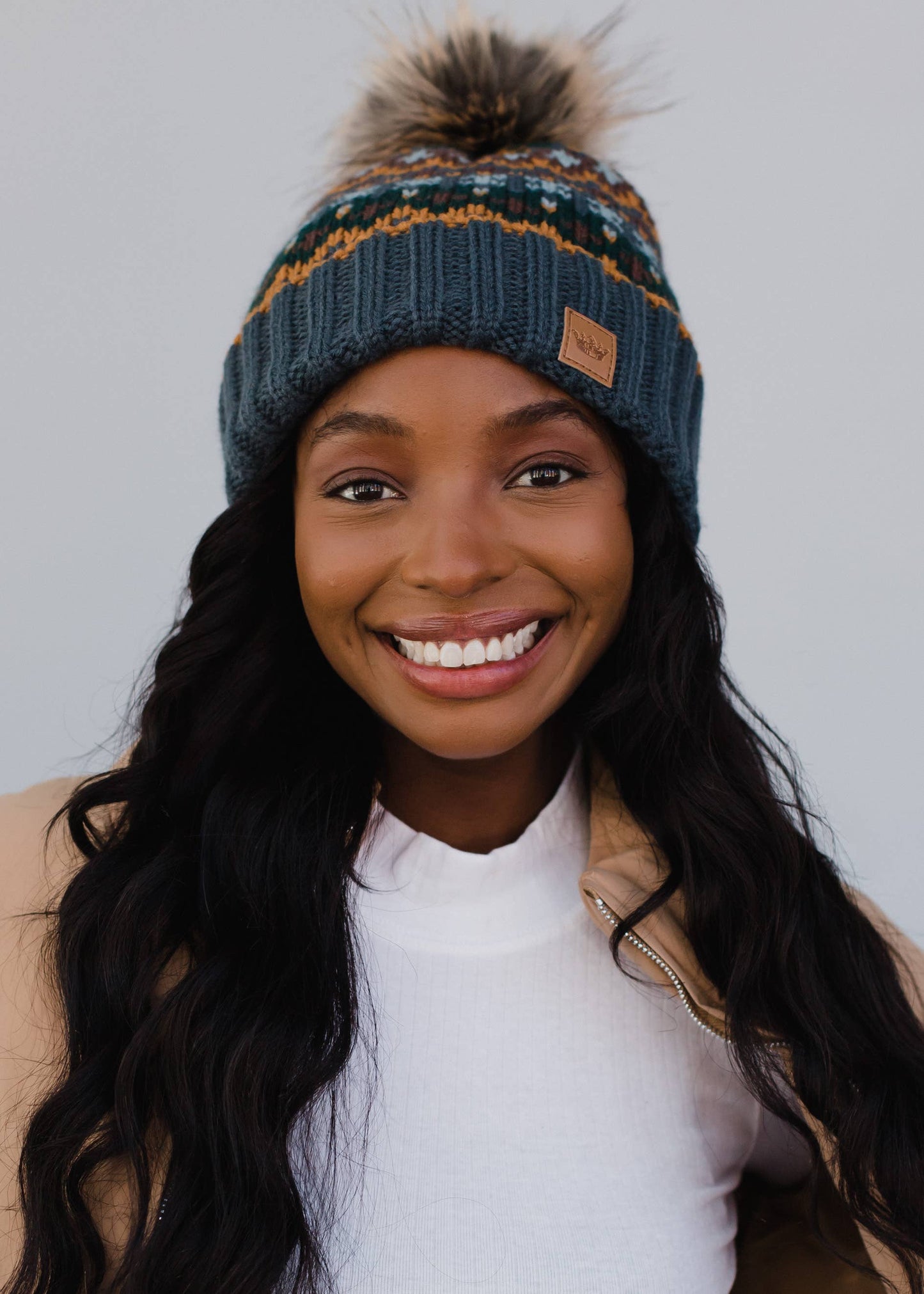Dusty Blue & Multicolored Patterned Pom Hat