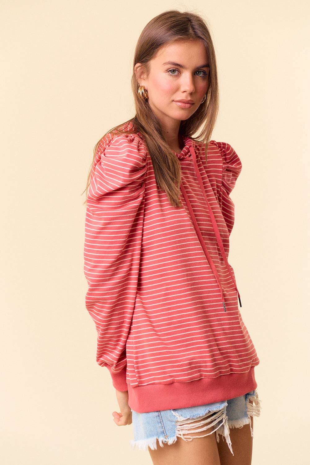 PUFF SLEEVE STRIPE HOODIE (S, M, L)