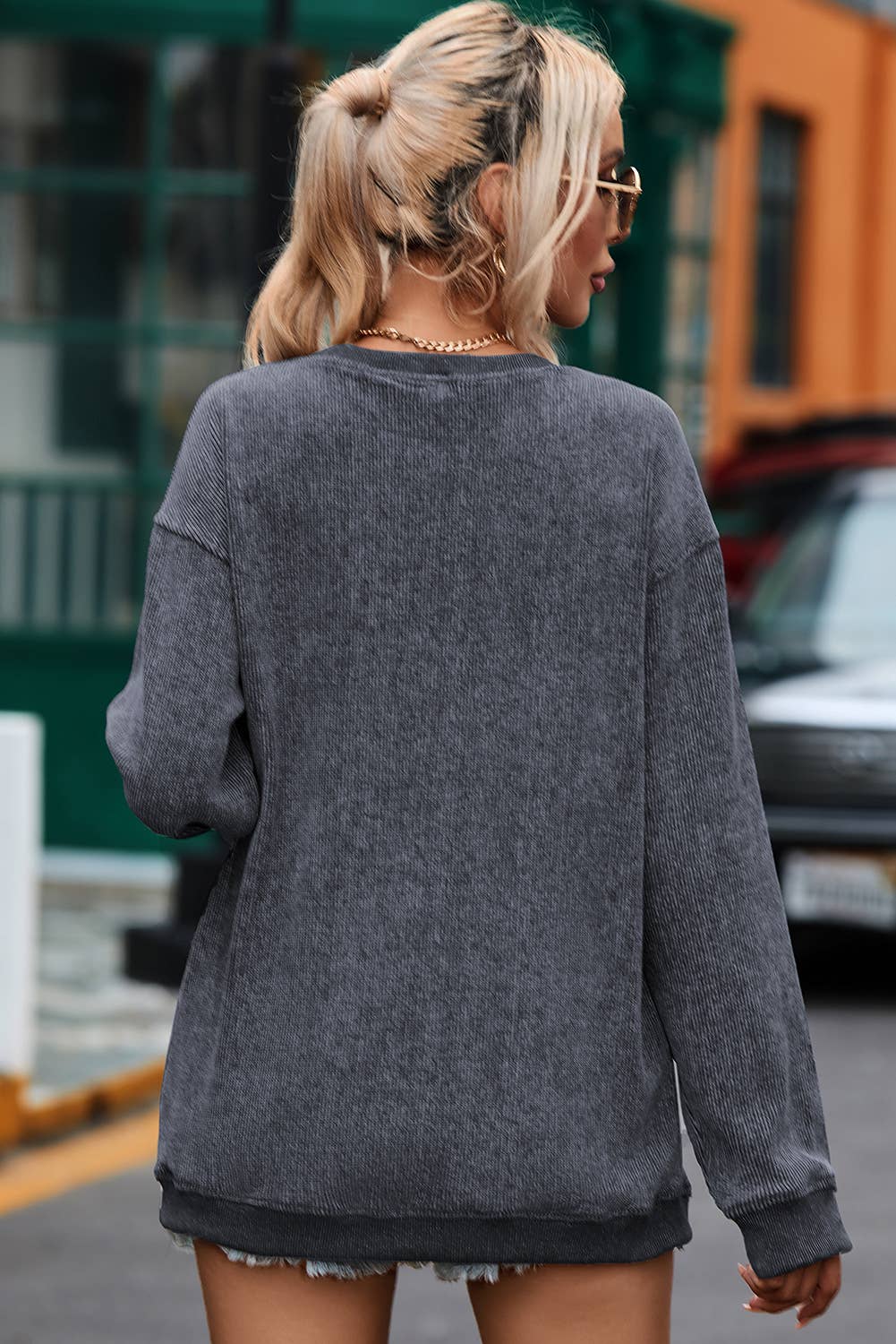 Solid Ribbed Knit Pullover Sweatshirt