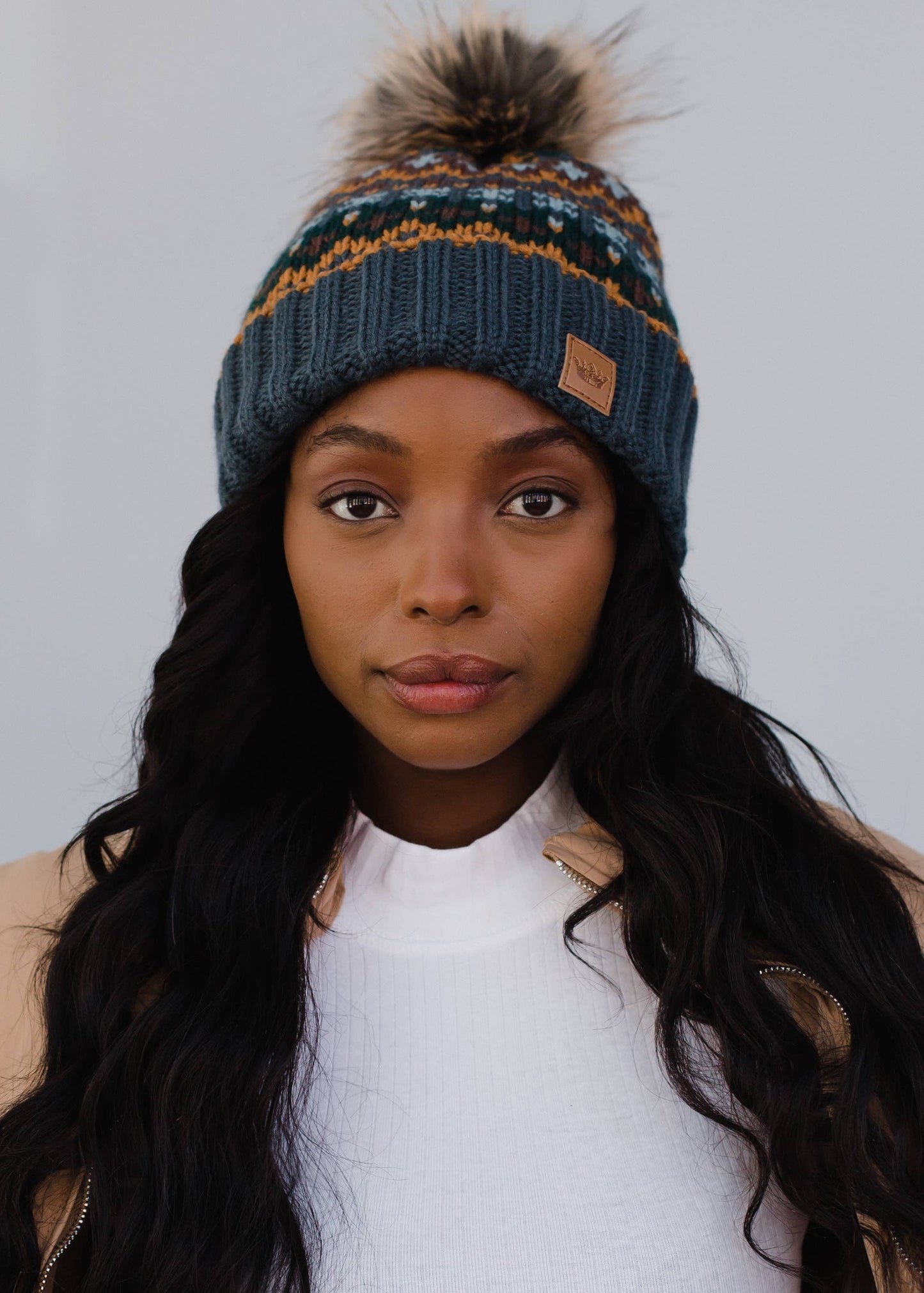 Dusty Blue & Multicolored Patterned Pom Hat