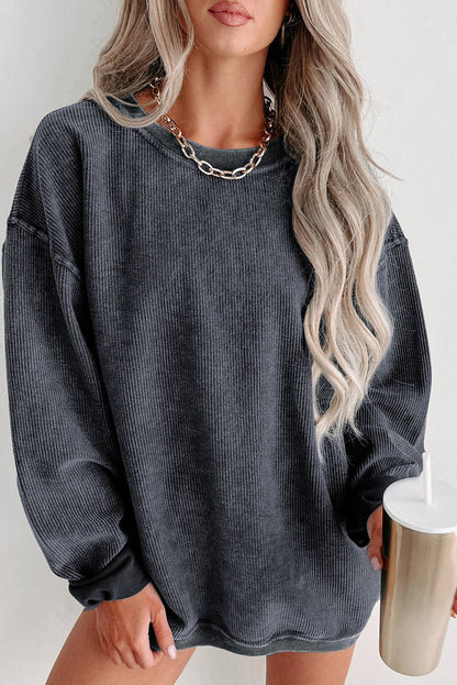 Solid Ribbed Knit Pullover Sweatshirt