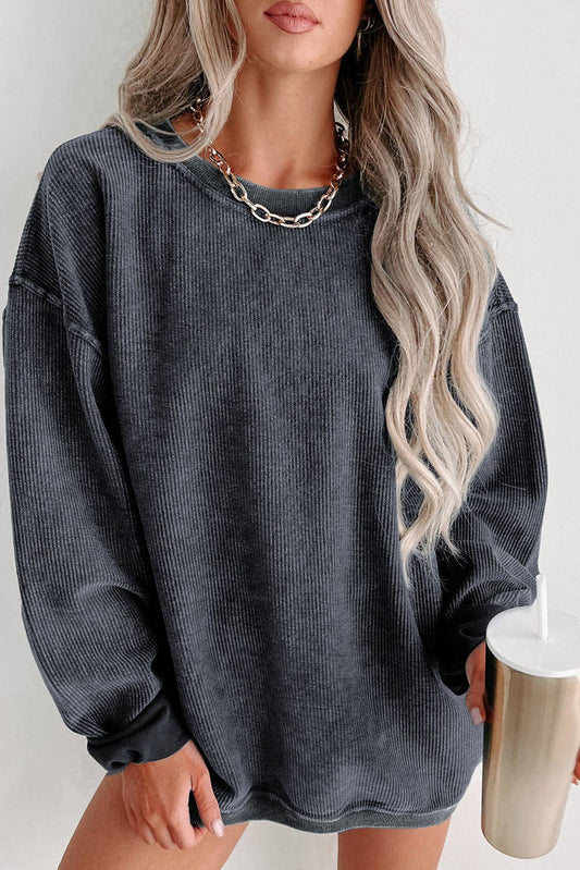Solid Ribbed Knit Pullover Sweatshirt