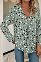 Dotted Print Button Front V Neck Blouse