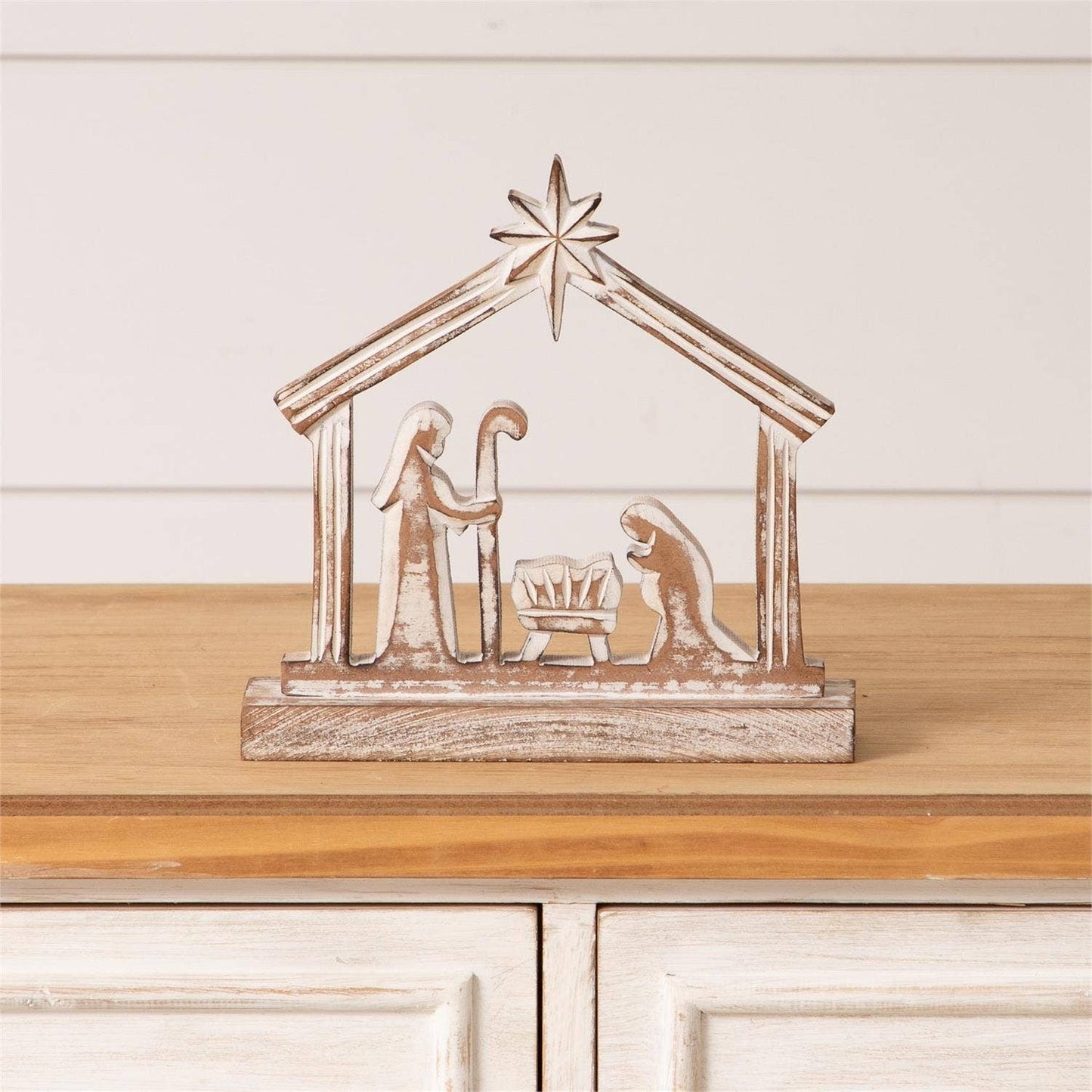 Whitewashed Carved Wood Nativity (Pk/02)