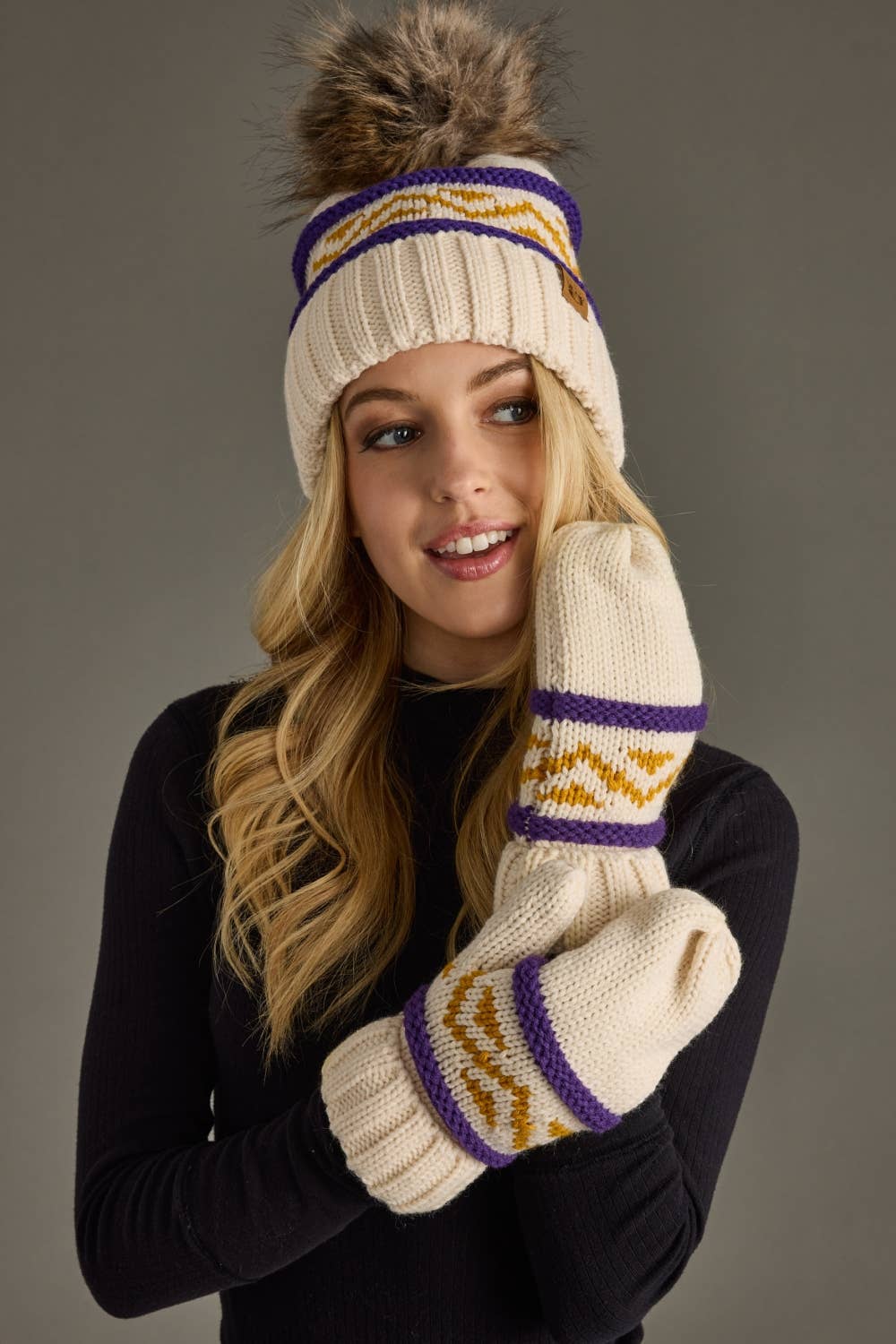 Pom Hat - Cream, Purple & Gold