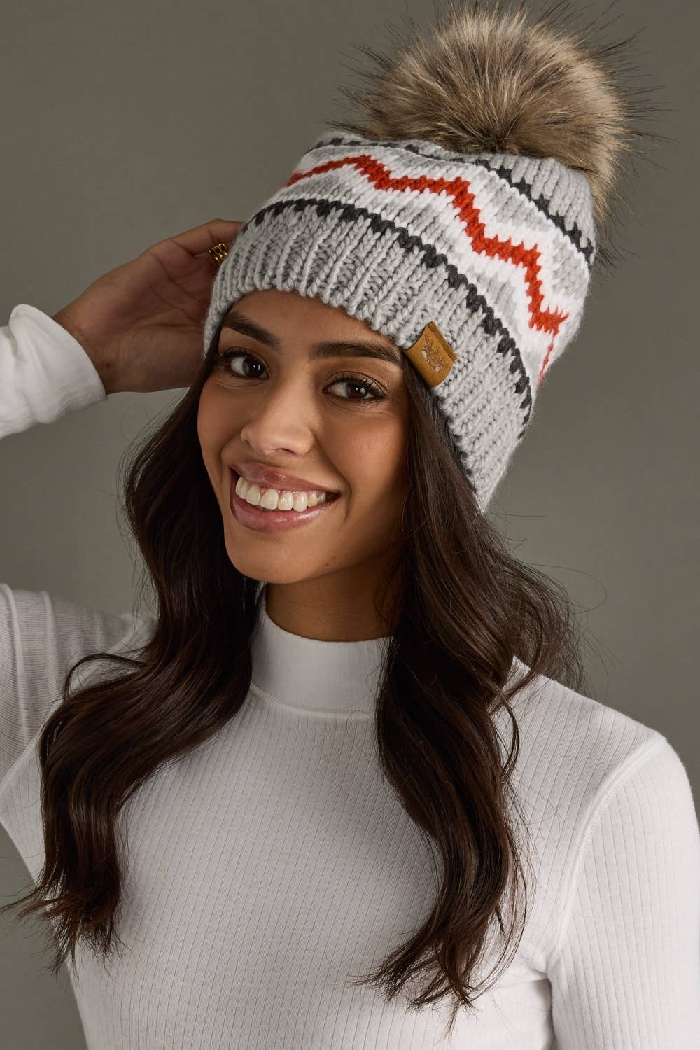Pom Hat - Gray, Red & White