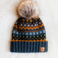 Dusty Blue & Multicolored Patterned Pom Hat