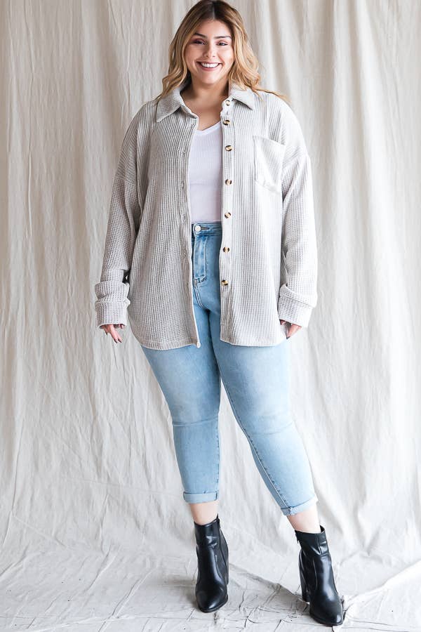Waffle Knit Button Shirt - Plus Top (3X)