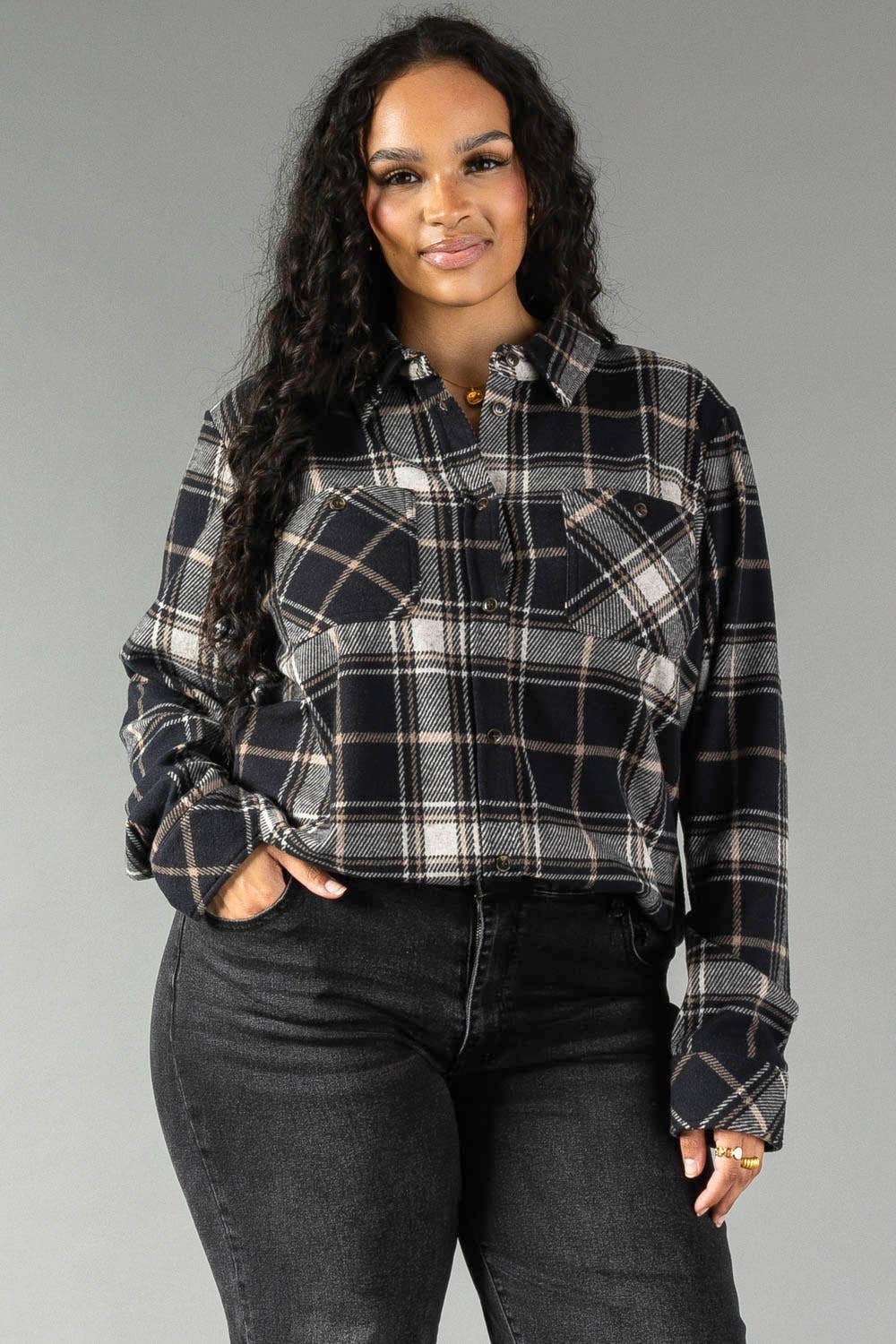 XXL Black, White & Tan Plaid Button Up