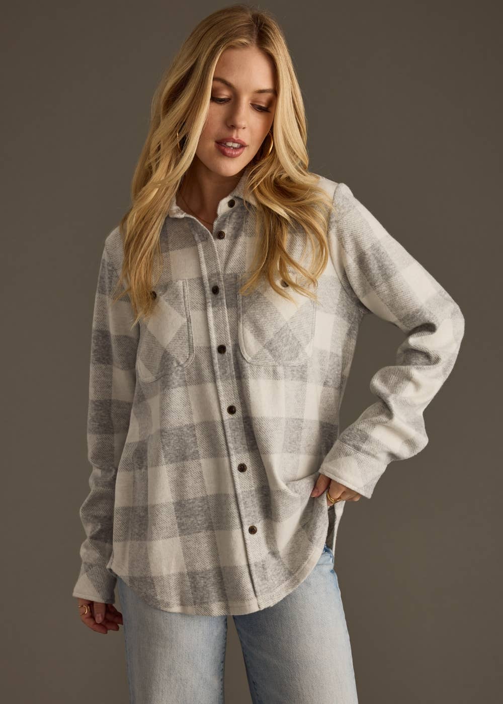 Super Soft Button Up - Lt. Gray & White Plaid