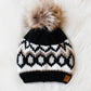 Black, White & Tan Patterned Pom Hat