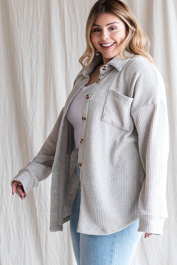 Waffle Knit Button Shirt - Plus Top (3X)