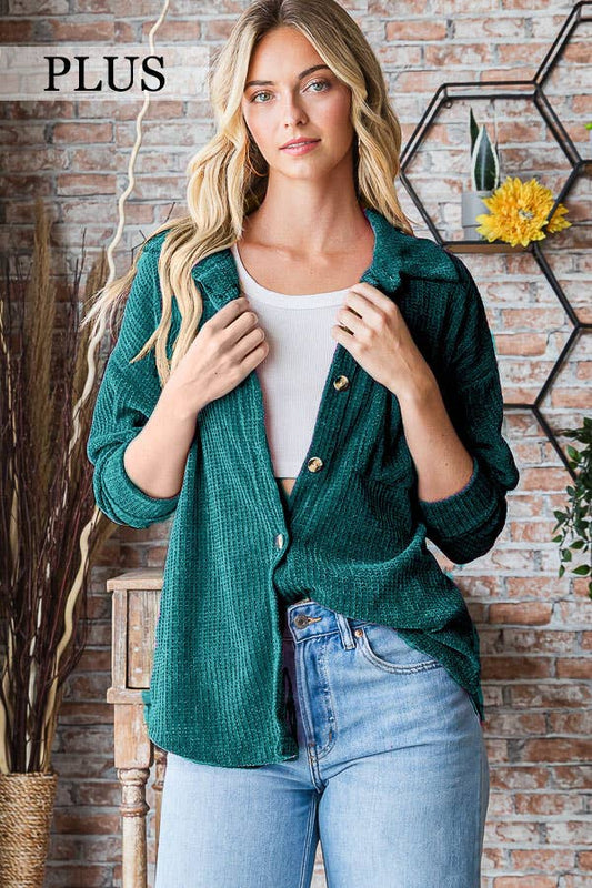 Hunter Green Chenille Button Down Shacket - Plus Top (2x, 3x)