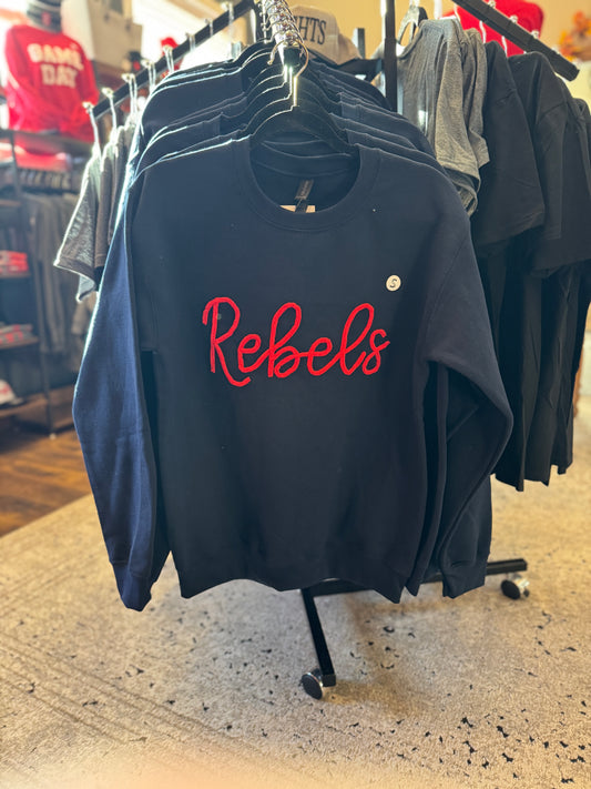 Rebels Chenille Script Crewneck Sweatshirt - Navy