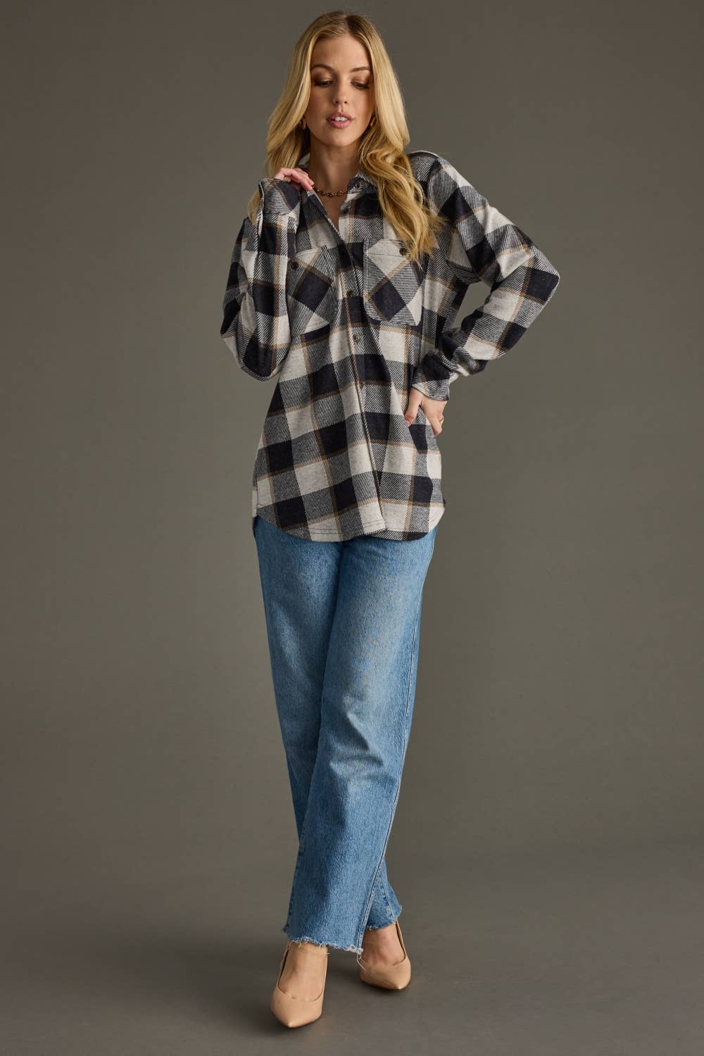 Super Soft Button Up - Navy, Brown & Cream Plaid