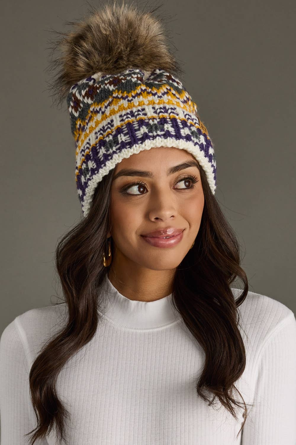 Pom Hat - White, Purple & Gold