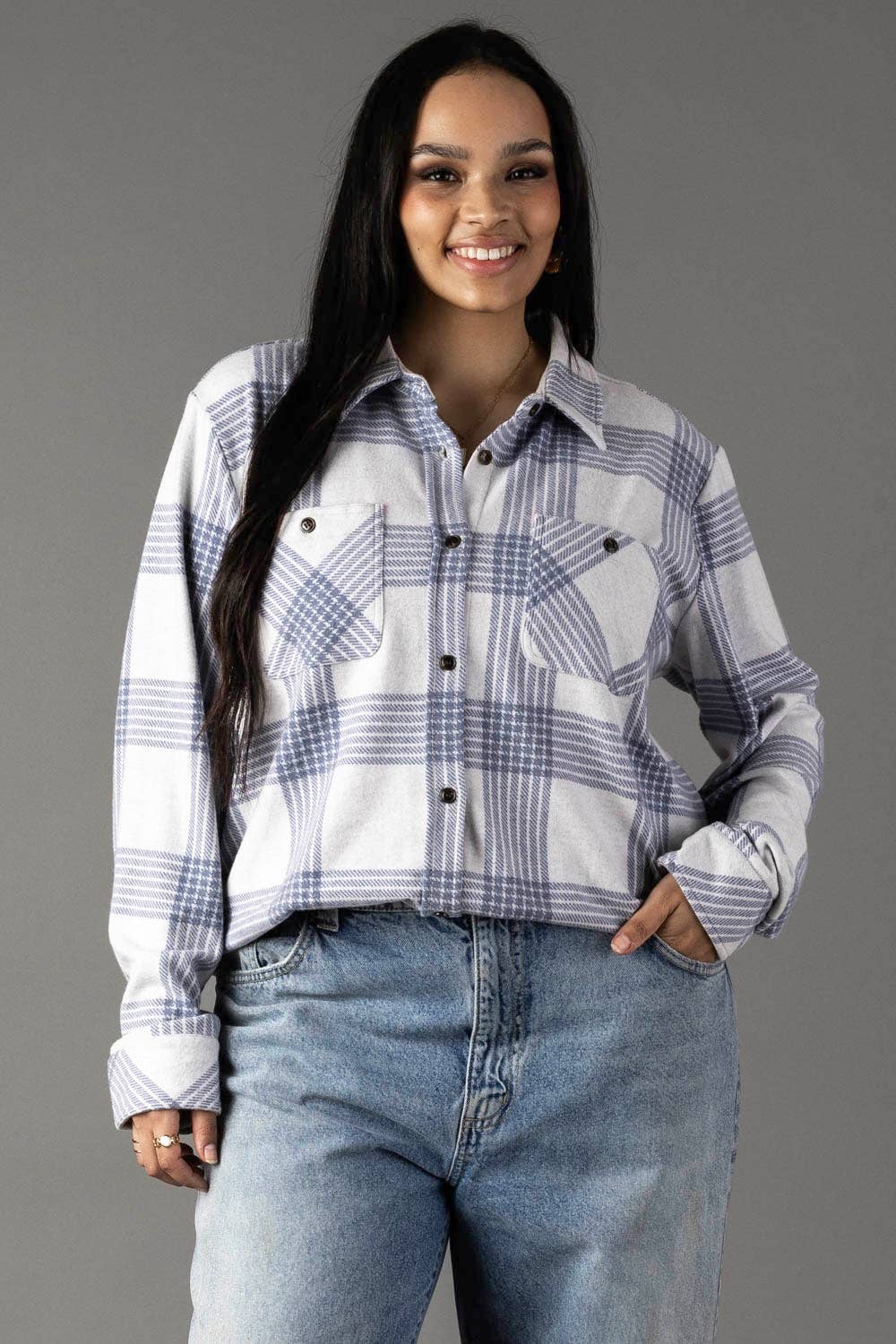 XXL White & Dusty Blue Plaid Button Up